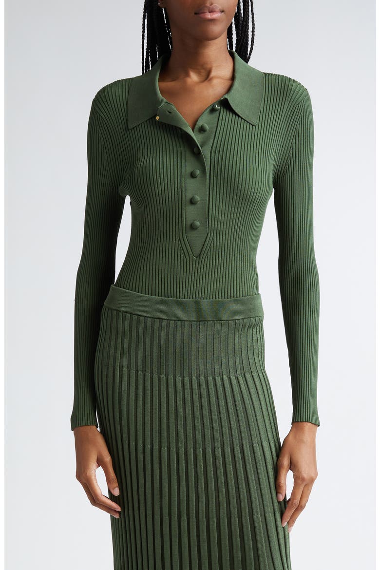 Rib Long Sleeve Polo Sweater, Main, color, FOREST