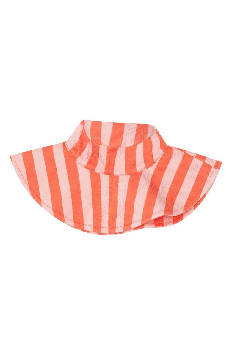 Petit Lem’s Mini Threads Romper Sunhat and Sunglass Set, Alternate, color, Coral Stripe