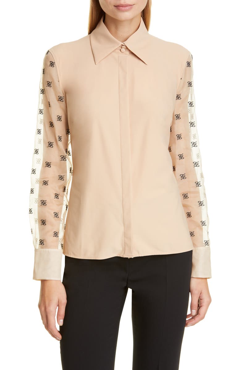 Fendi FF Karligraphy Embroidered Organza Sleeve Blouse, Main, color,