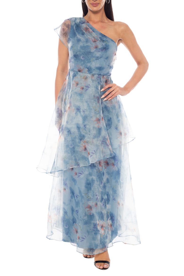 Floral One-Shoulder Tiered Organza Gown, Main, color, BLUE MULTI