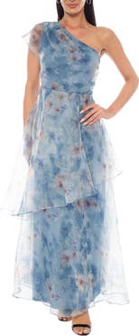 Oleg Cassini Floral One-Shoulder Tiered Organza Gown