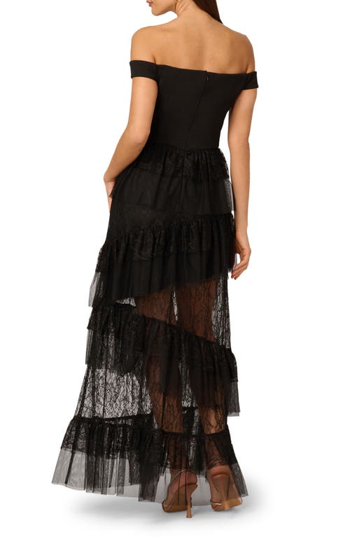 Adrianna Papell Off The Shoulder Tiered Lace Gown In Black