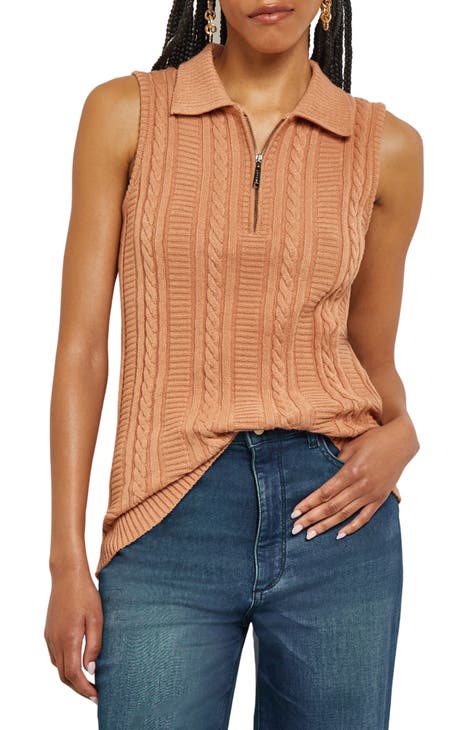 Wing Collar Cable Stitch Quarter Zip Sleeveless Sweater