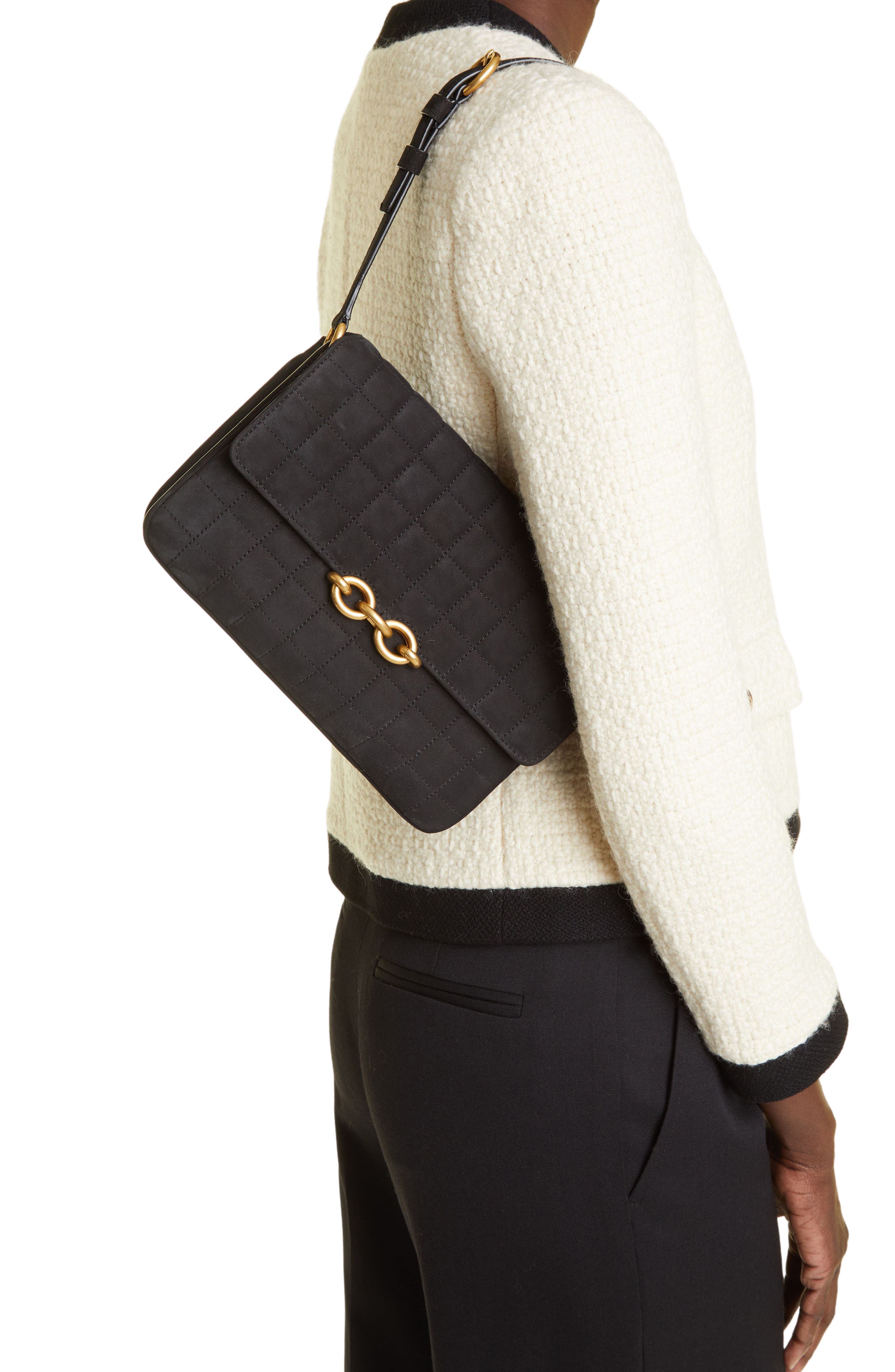 Le Maillon Quilted Nubuck Leather Shoulder Bag, Alternate, color, NOIR