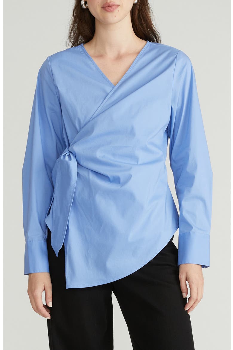 Stretch Cotton Blend Poplin Wrap Top, Main, color, LIGHT BLUE