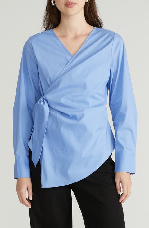 Stretch Cotton Blend Poplin Wrap Top
