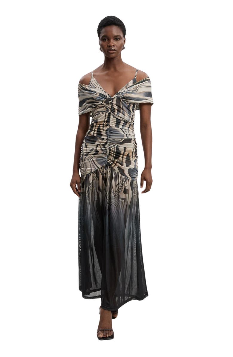 Karen Millen Marble Print Mesh Plunge Maxi Dress, Main, color, Mono