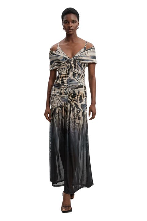 Marble Print Mesh Plunge Maxi Dress