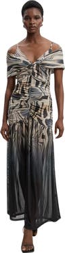 Karen Millen Marble Print Mesh Plunge Maxi Dress