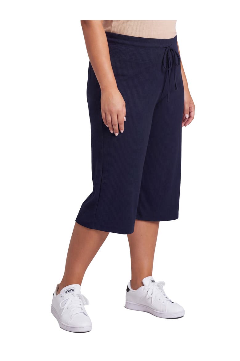 Curvy Basic Ribbed Knit Drawstring Flared Capri Pants, Alternate, color, Navy