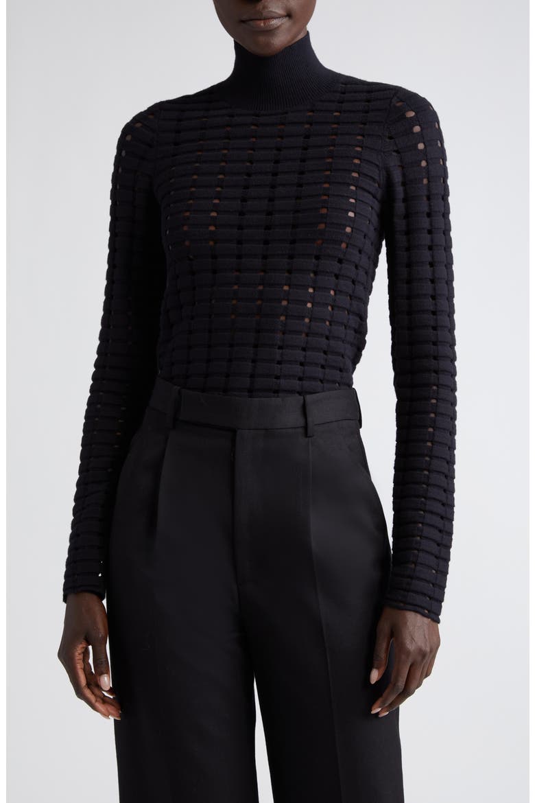 Dimensional Pointelle Stitch Turtleneck Sweater, Main, color, BLACK