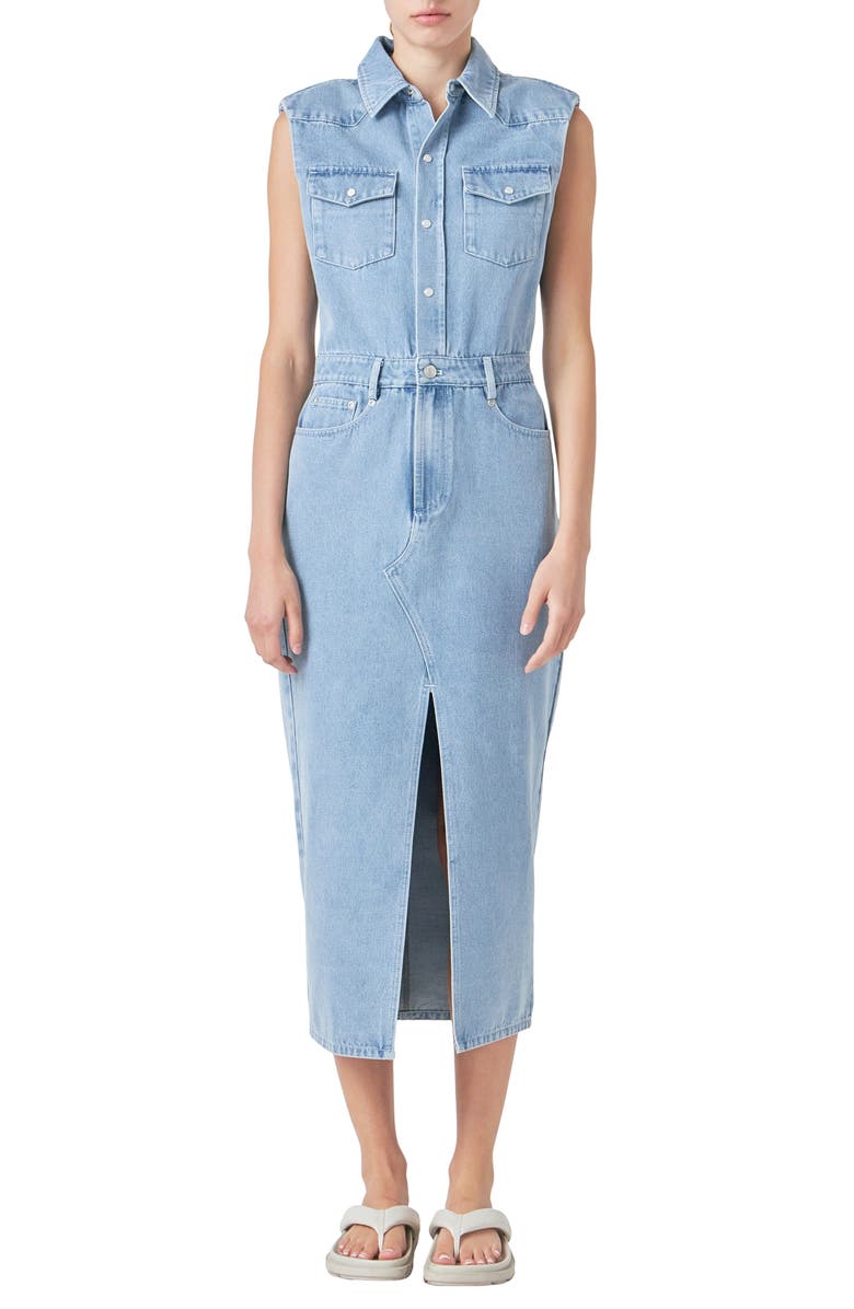 Grey Lab Power Shoulder Sleeveless Denim Shirtdress, Main, color,