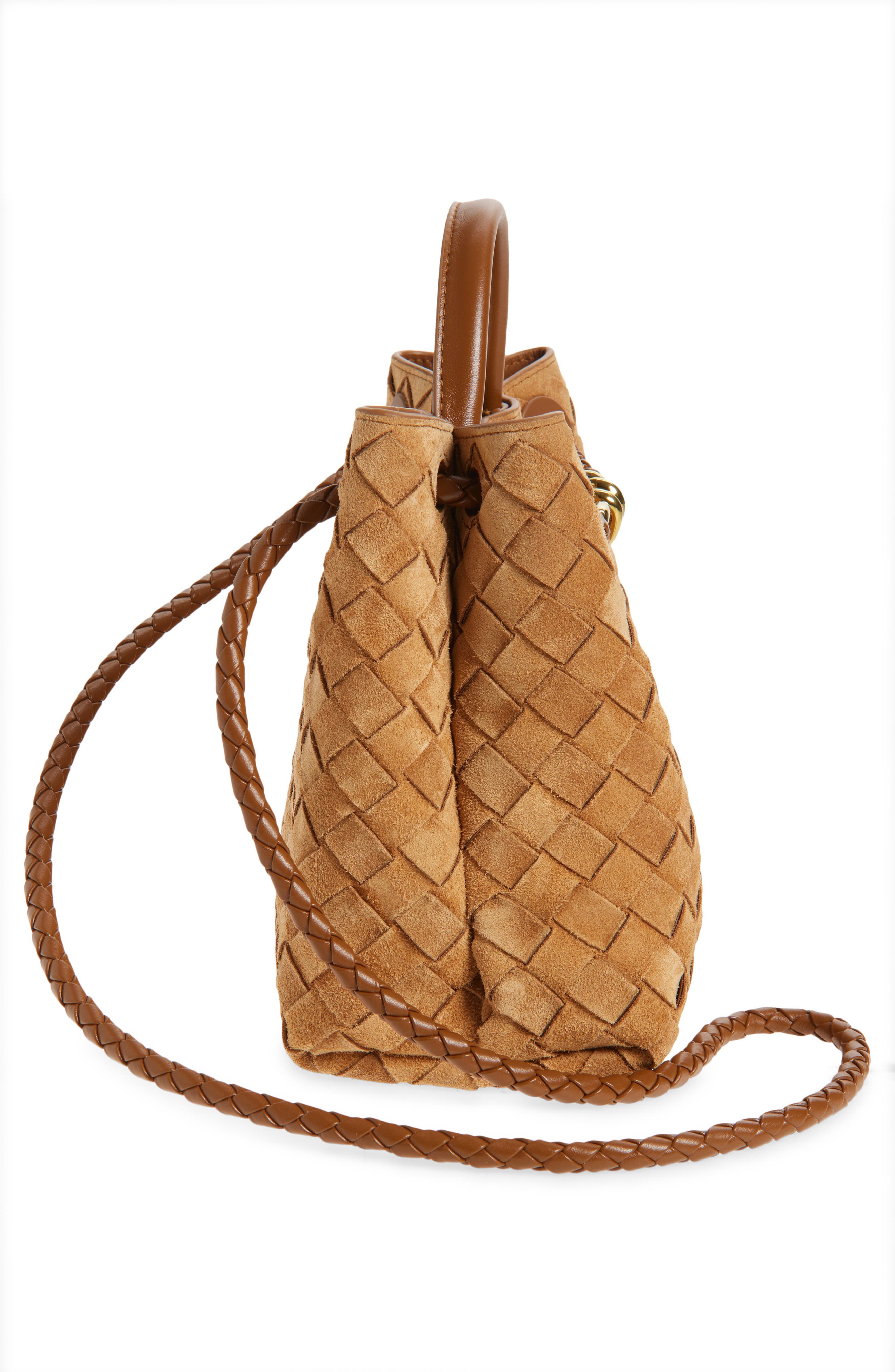 Bottega Veneta Small Andiamo Intrecciato Suede Shoulder Bag, Alternate, color, Amber