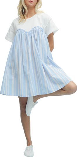 Stripe Twofer Mixed Media Cotton Babydoll Dress