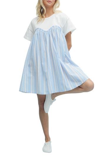 Wishlist Stripe Twofer Mixed Media Cotton Babydoll Dress In Blue