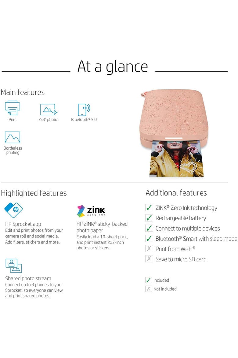 Sprocket 2x3" Photo Printer + Paper, Alternate, color, Pink