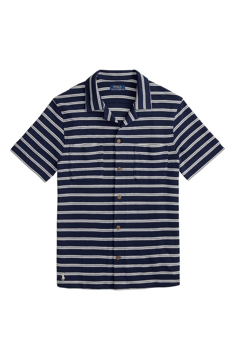 Polo Ralph Lauren Stripe Pointelle Camp Shirt, Alternate, color, Newport Navy/ Pale Cream