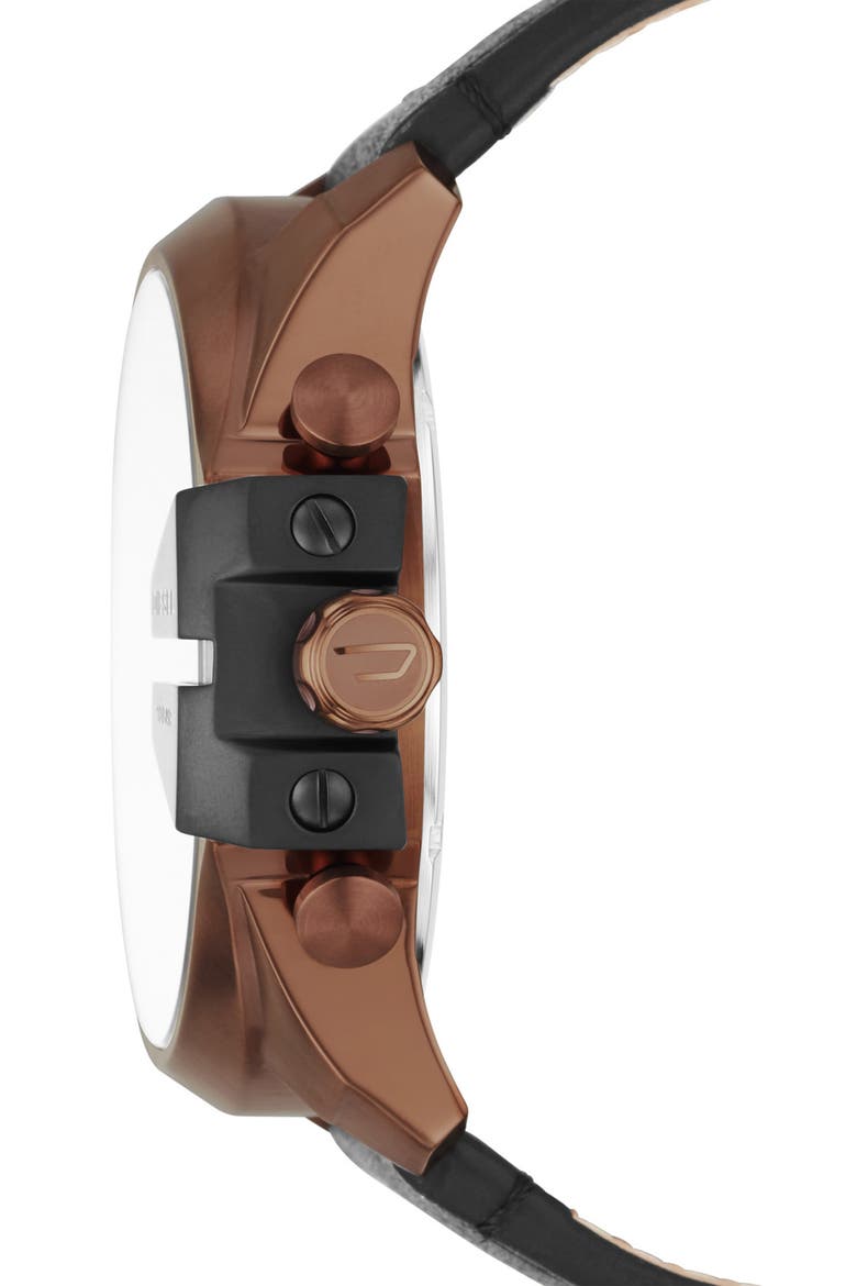 DIESEL Men's Mega Chief Chronograph Copper-Tone and Black Leather Strap Watch, 51mm, Alternate, color, BLACK/COPPER