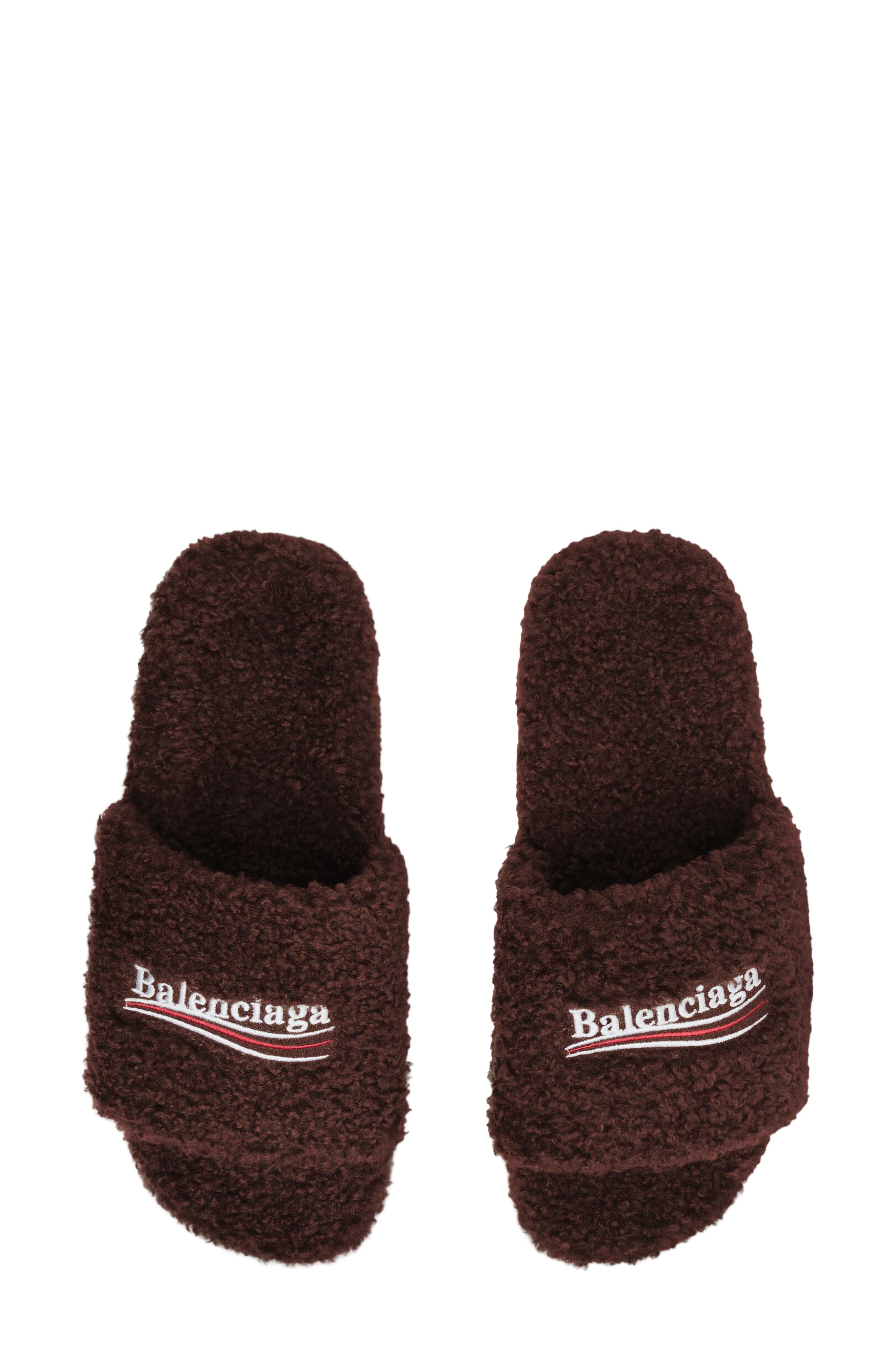 Balenciaga Campaign Faux Shearling Slide Sandal, Alternate, color, Chataigne