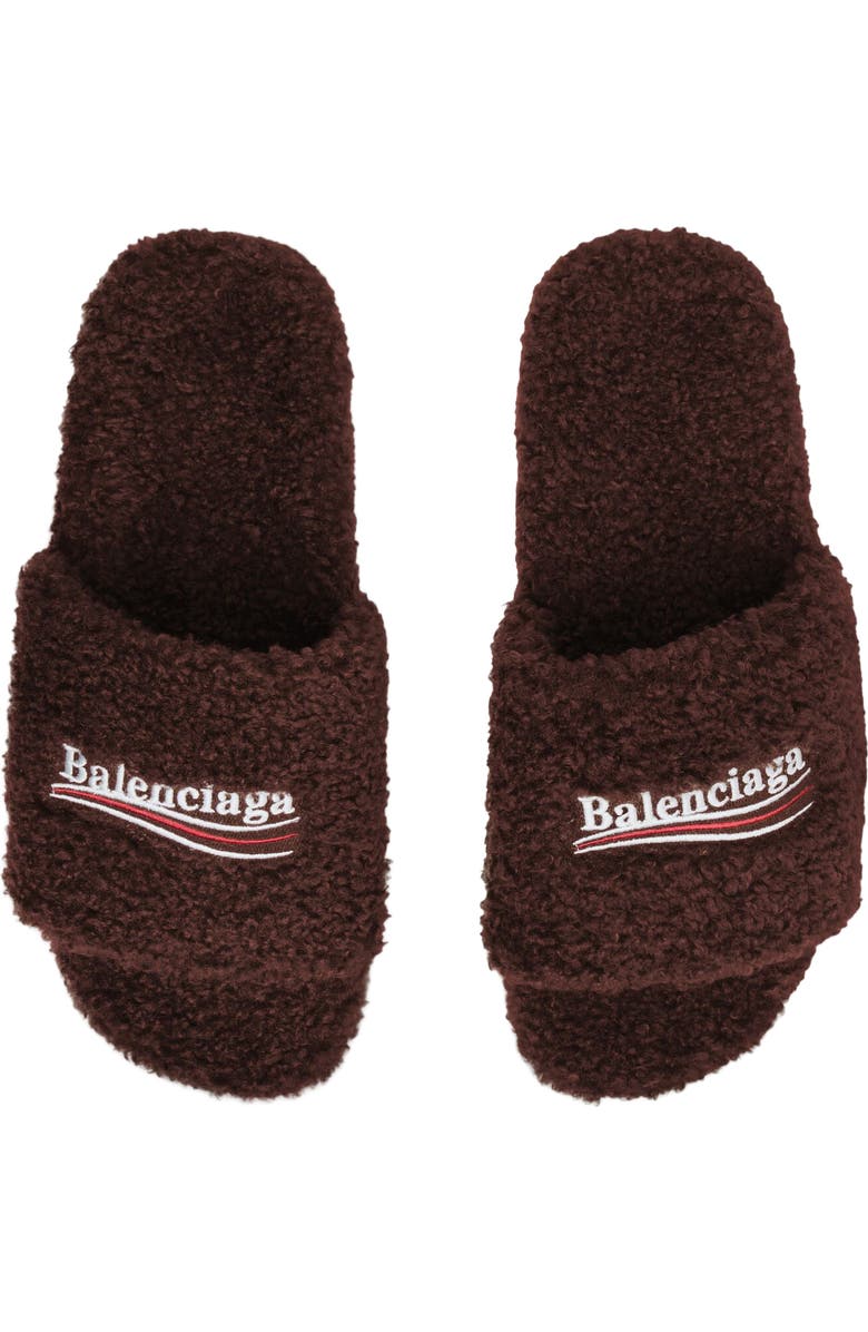 Balenciaga Campaign Faux Shearling Slide Sandal, Alternate, color, Chataigne