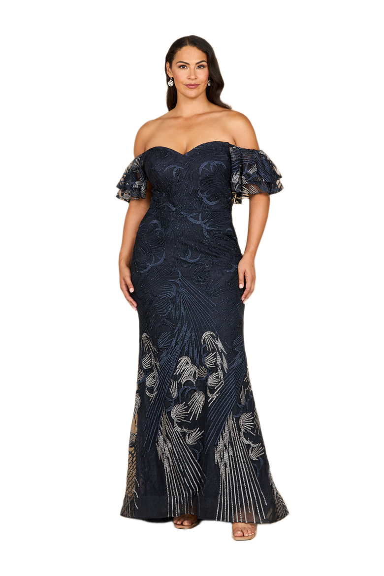 Off Shoulder Mermaid Lace Gown, Main, color, Navy Ombre