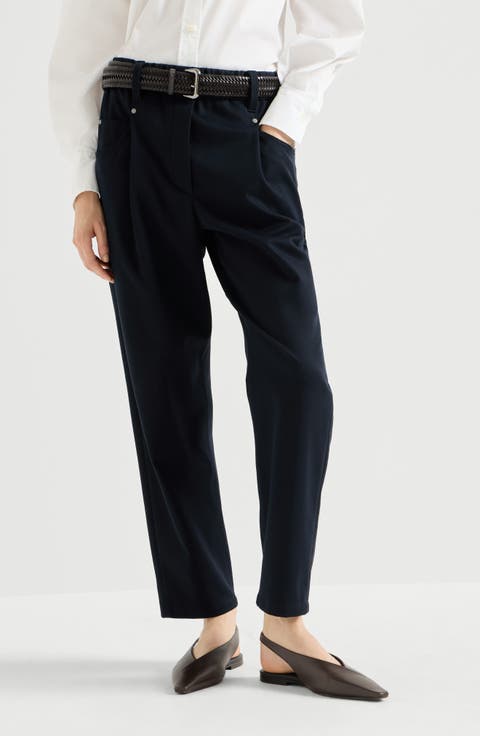 Stretch cotton cover baggy pull-on trousers with shiny bartack