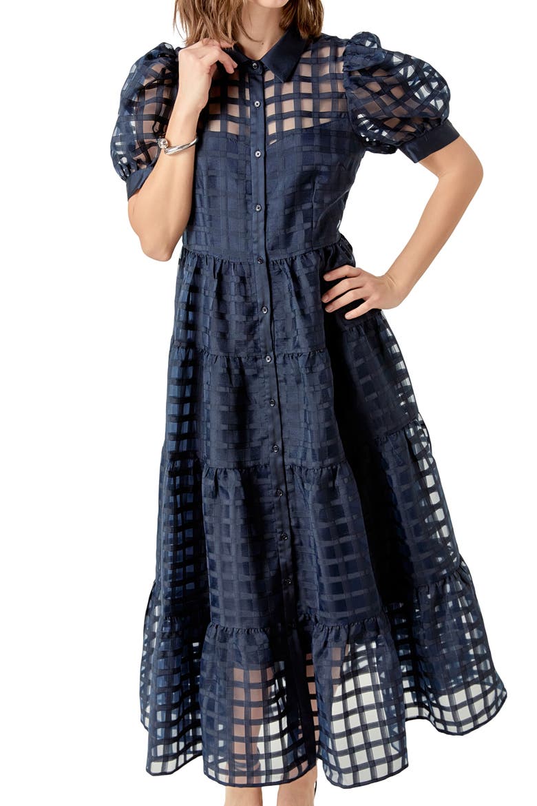 Grid Pattern Tiered Midi Shirtdress, Alternate, color, DARK NAVY