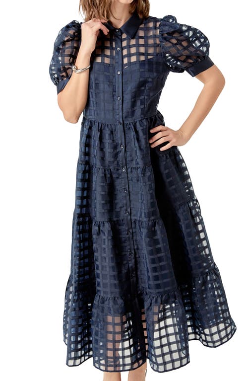 English Factory Organza Short-sleeve Button-front Midi Dress In Blue