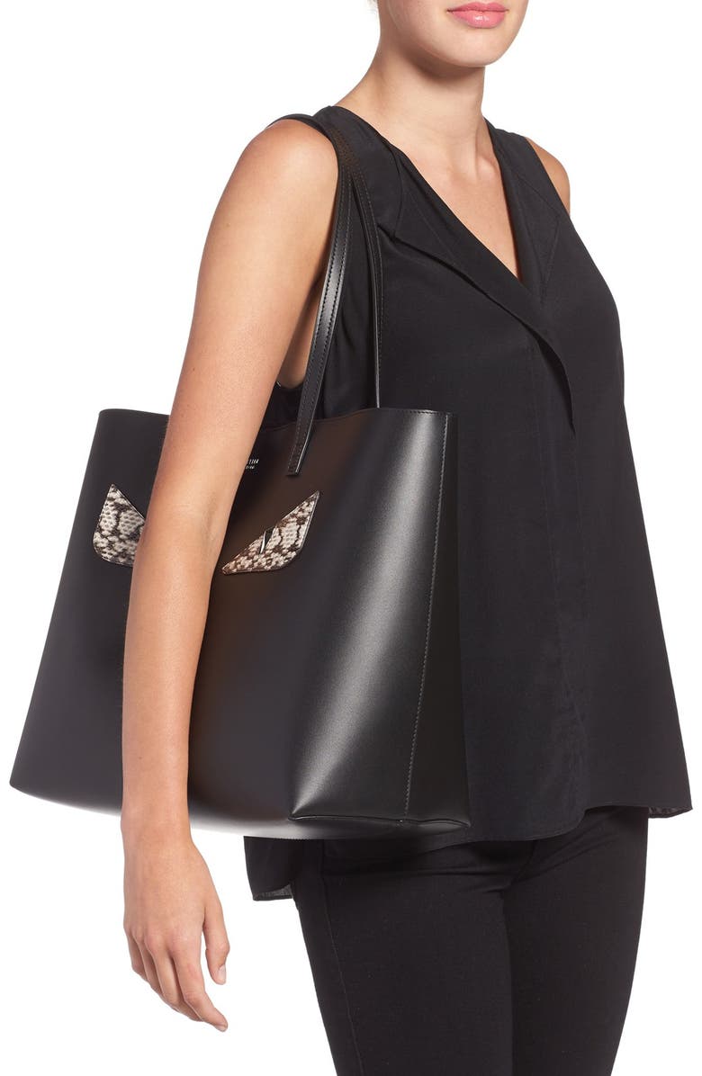 Fendi 'Roll - Monster' Genuine Snakeskin Trim Leather Tote, Alternate, color,