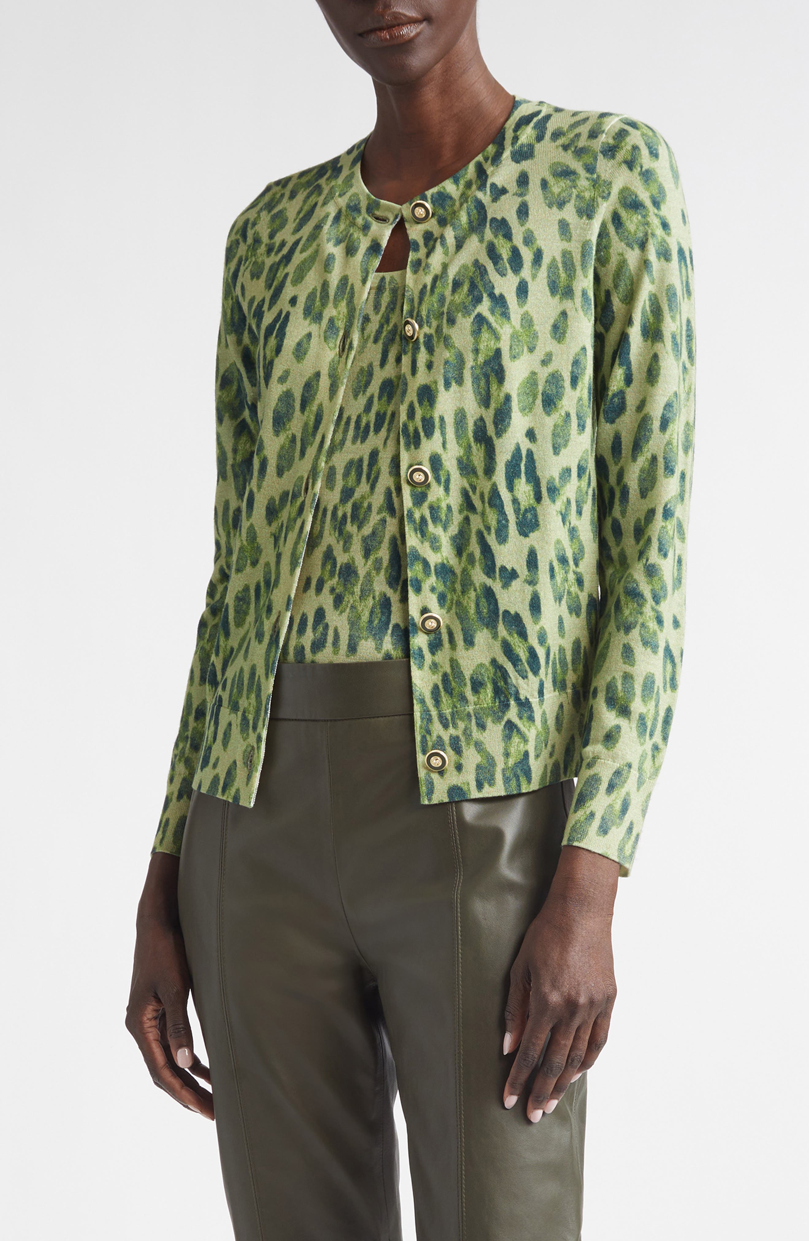 St John St. John Fine Gauge Leopard Print Wool Blend Cardigan In Olive Multi Animal Print