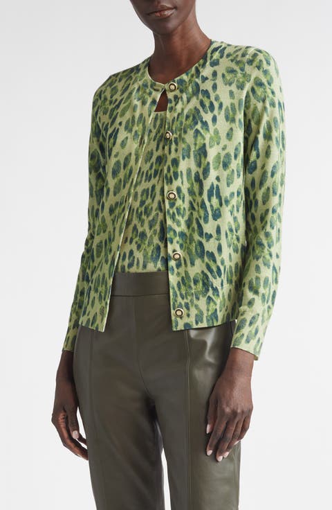 Fine Gauge Leopard Print Wool Blend Cardigan