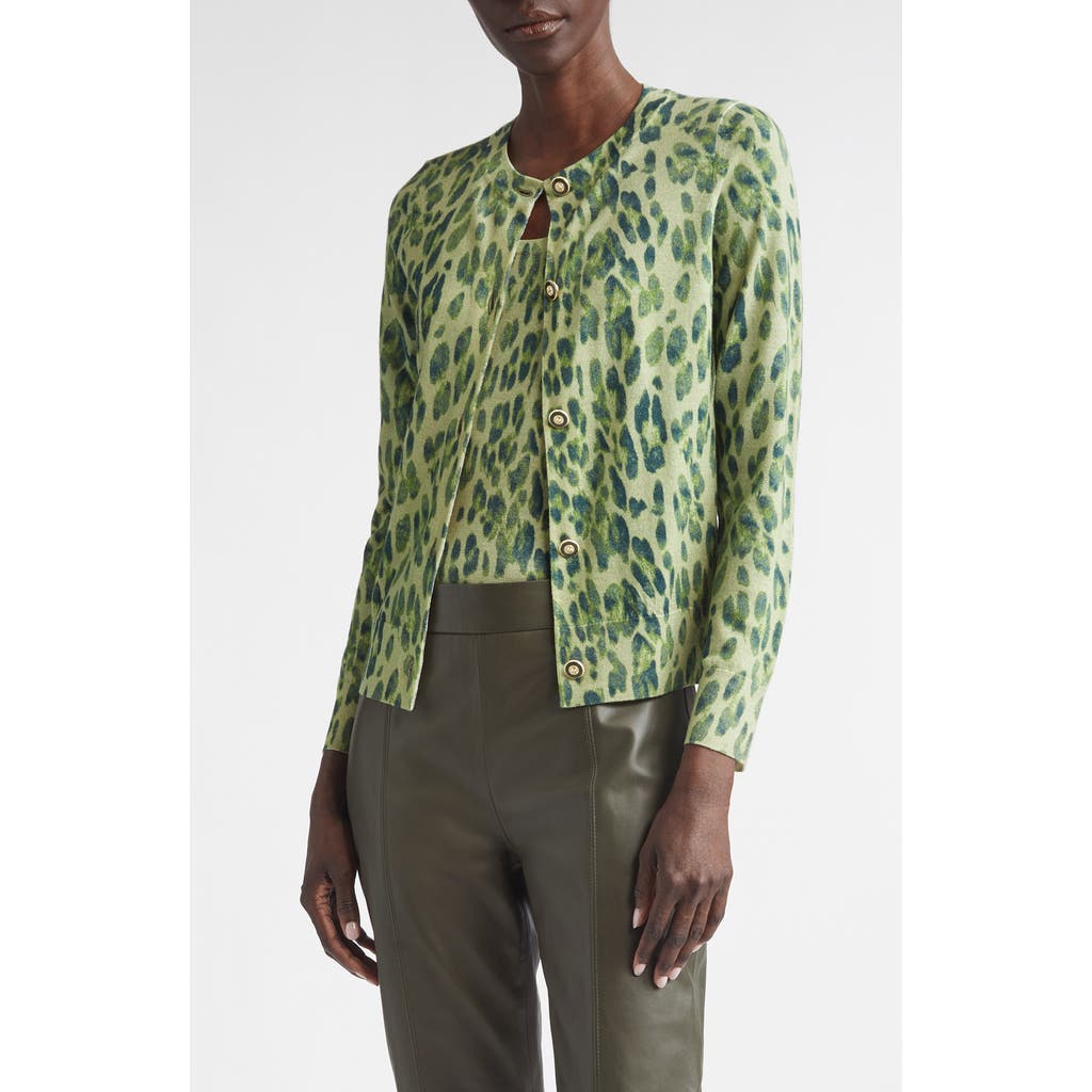 St John St. John Fine Gauge Leopard Print Wool Blend Cardigan In Olive Multi Animal Print