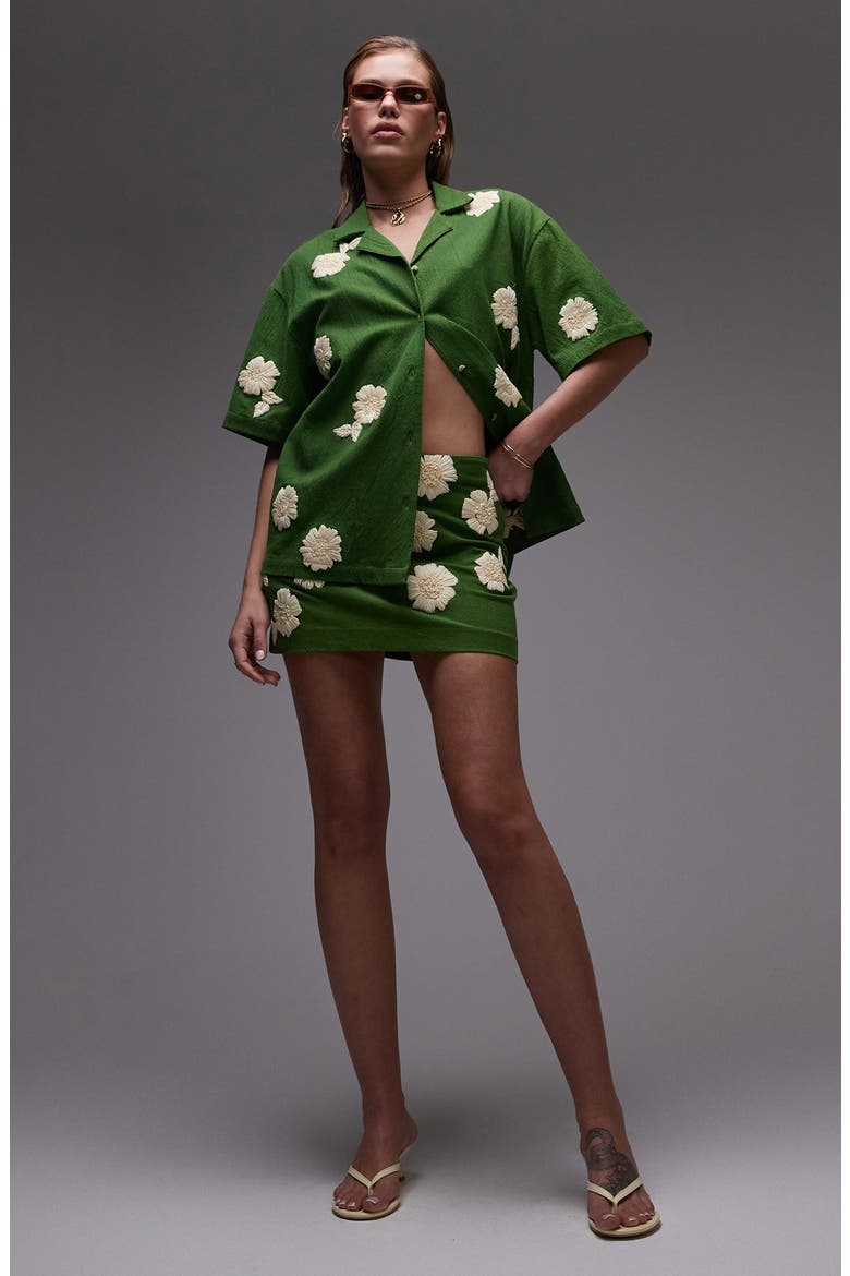 Pelmet Raffia Flowers Miniskirt, Main, color, MEDIUM GREEN