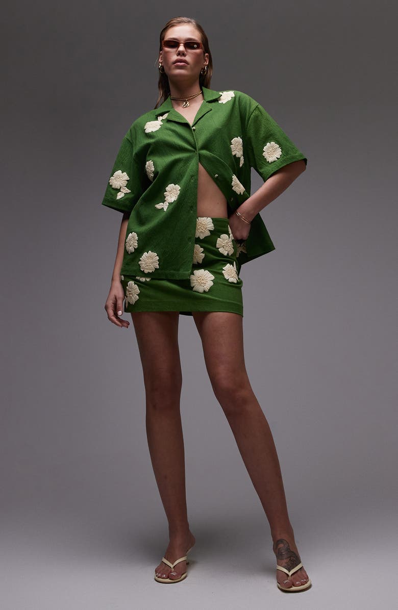 Topshop Pelmet Raffia Flowers Miniskirt, Main, color, Medium Green