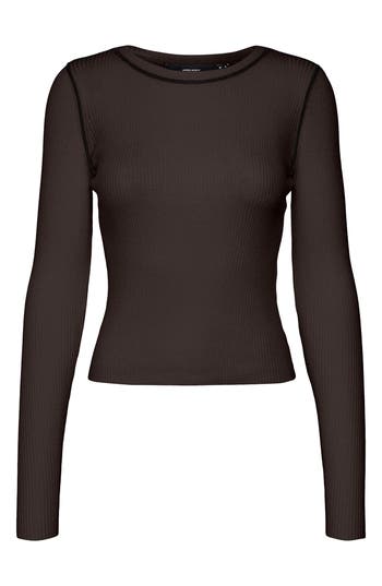 Vero Moda Kara Contrast Piping Long Sleeve Top In Brown