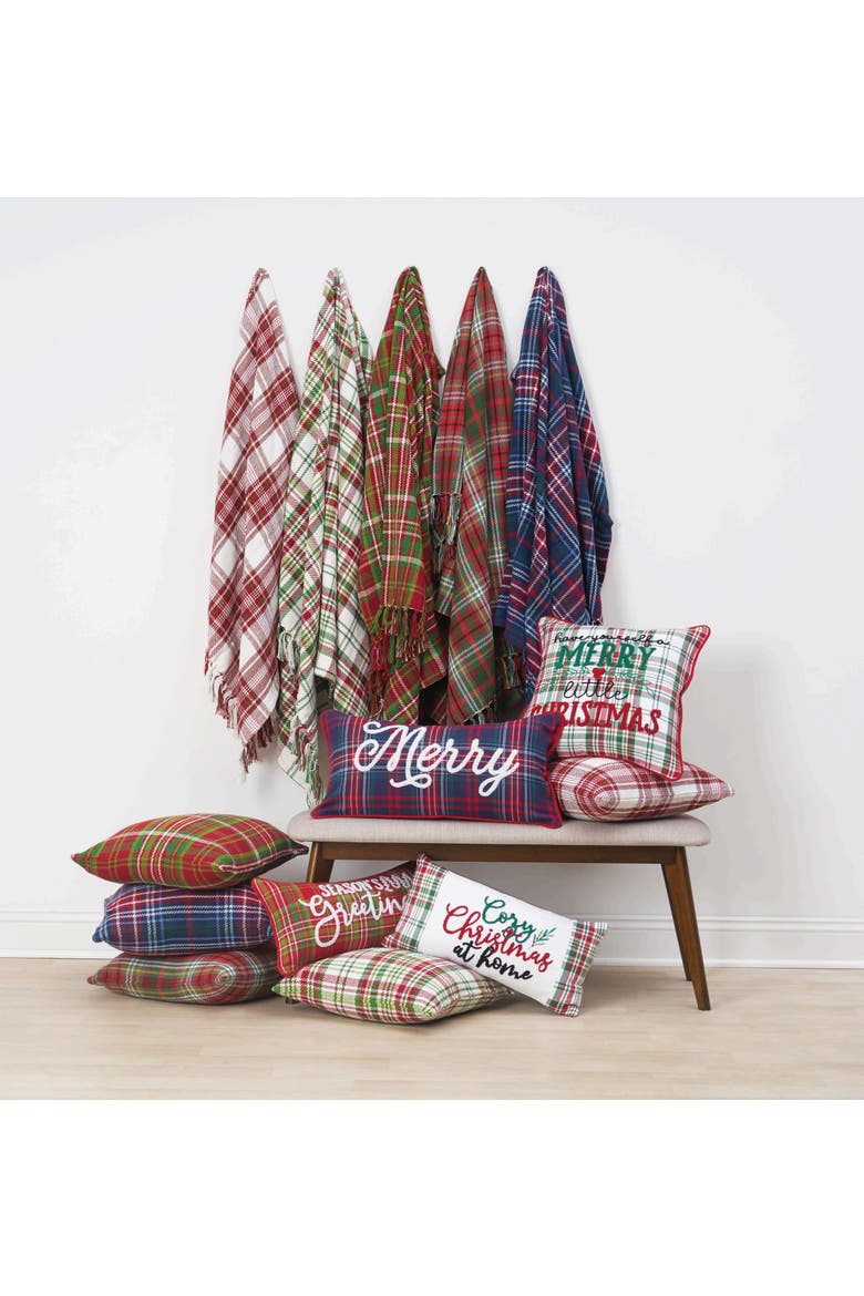 Plaid Typographical Decorative Throw Pillows, Alternate, color, White