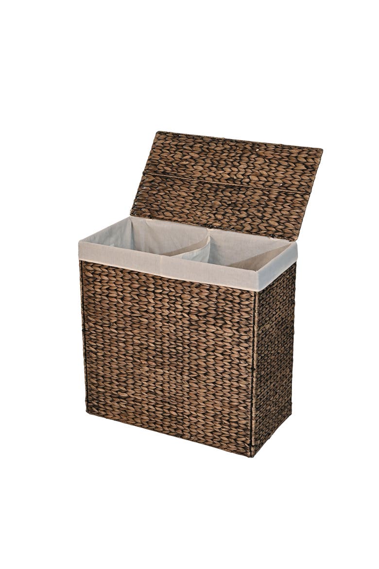 Sawyer Classic Farmhouse Hand-Woven Hyacinth 2-Section Collapsible Laundry Hamper with Washable Liner, Handles, and Lid, Alternate, color, Brown