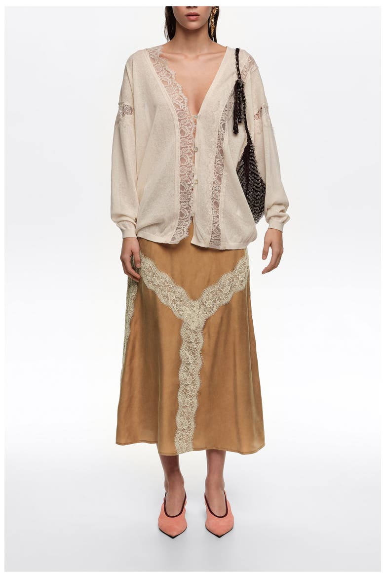 Lace-detailed flared skirt, Alternate, color, TOFFEE