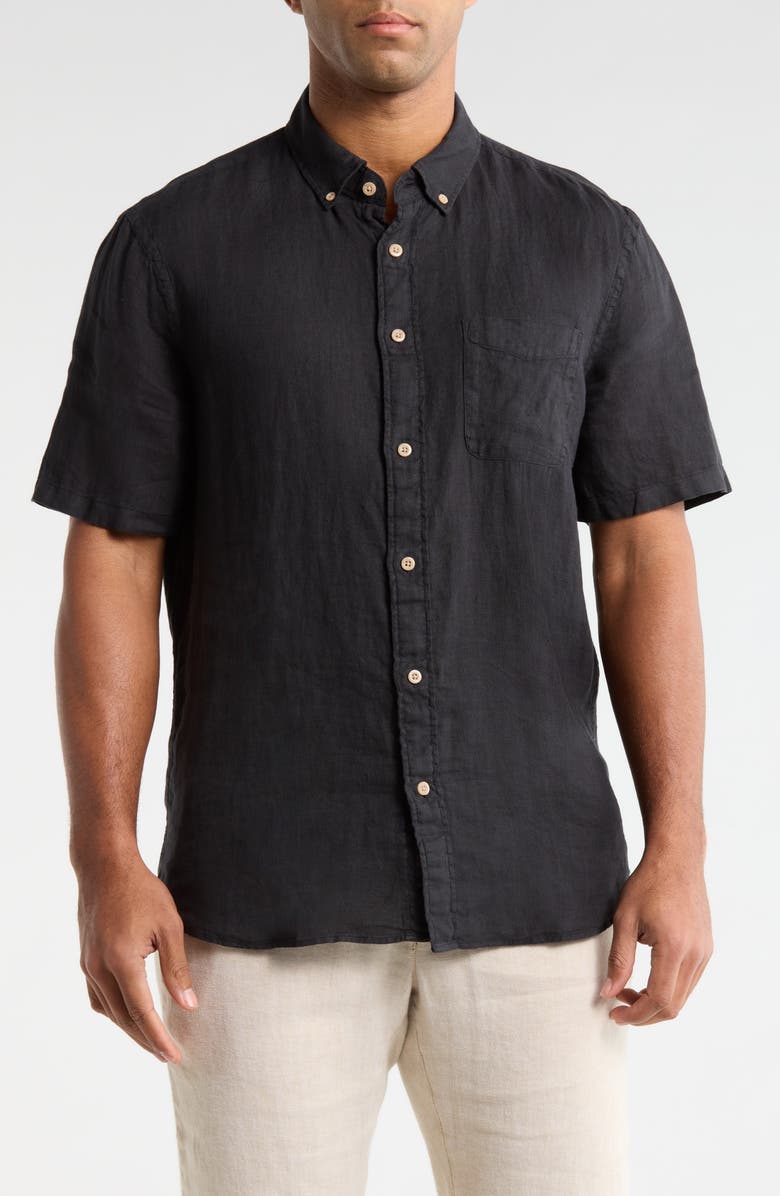 Faherty Laguna Short Sleeve Linen Button-Down Shirt, Main, color, Ridge Black