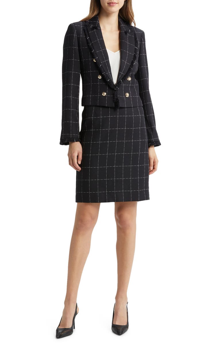Tahari ASL Plaid Fringe Jacket & Skirt, Main, color, Black/ Ivory