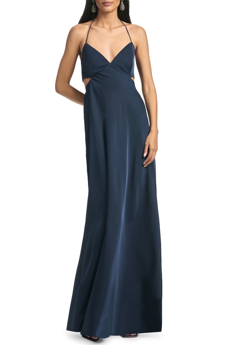 Alexandra Back Cutout Matte Charmeuse Gown, Main, color, NAVY