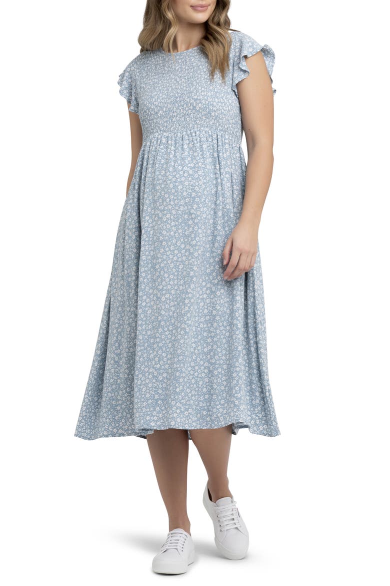 Ava Floral Shirred Midi Maternity Dress, Main, color, PETROL / WHITE