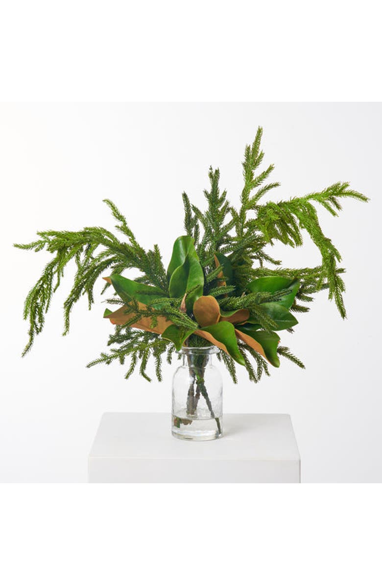 Darby Creek Trading Real Touch Norfolk Pine & Magnolia Leaf in Small Bottle Vase, Main, color, Green