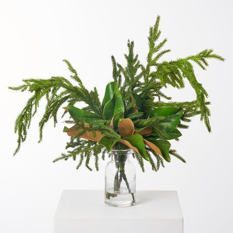 Real Touch Norfolk Pine & Magnolia Leaf in Small Bottle Vase