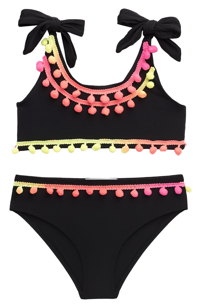 Stella Cove Black Tie Pompom Two-Piece Swimsuit, Main, color, 