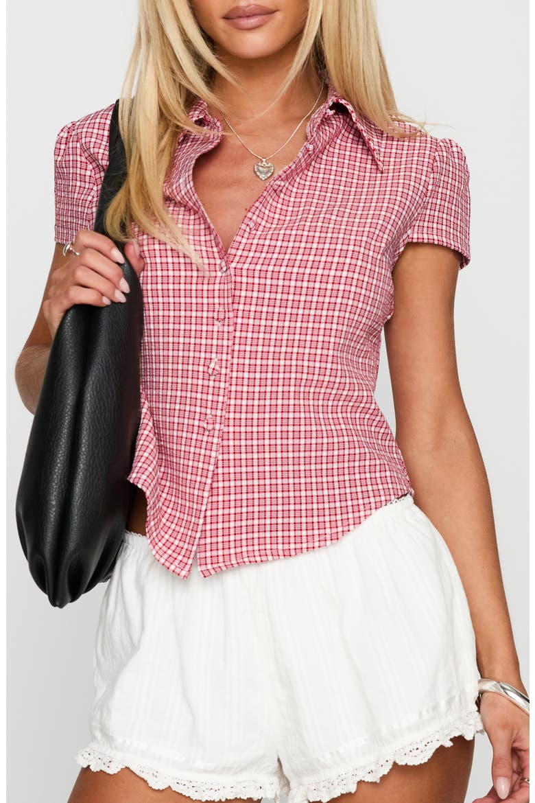 Float Away Plaid Crop Button-Up Shirt, Main, color, RED CHECK