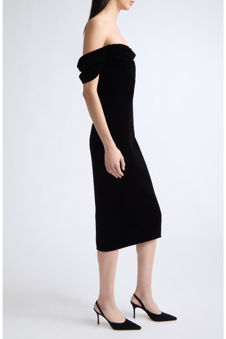 Off the Shoulder Stretch Velvet Midi Dress, Main, color, BLACK