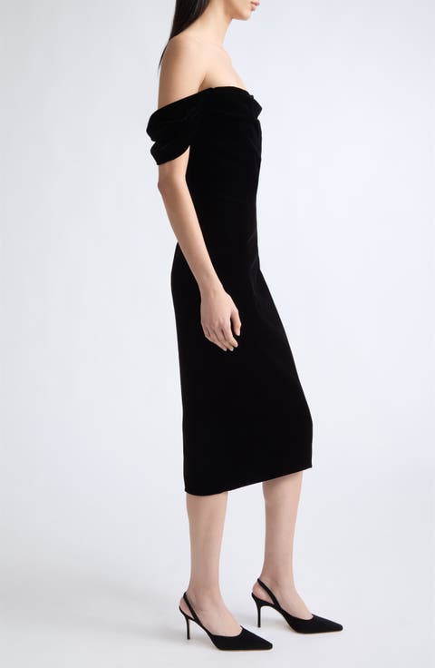 Off the Shoulder Stretch Velvet Midi Dress