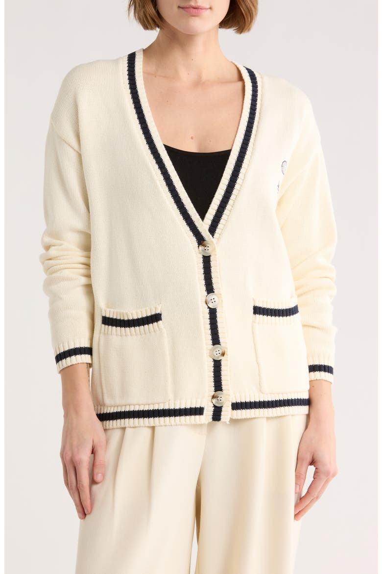 Varsity Cotton Cardigan, Main, color, CREAM/ NAVY