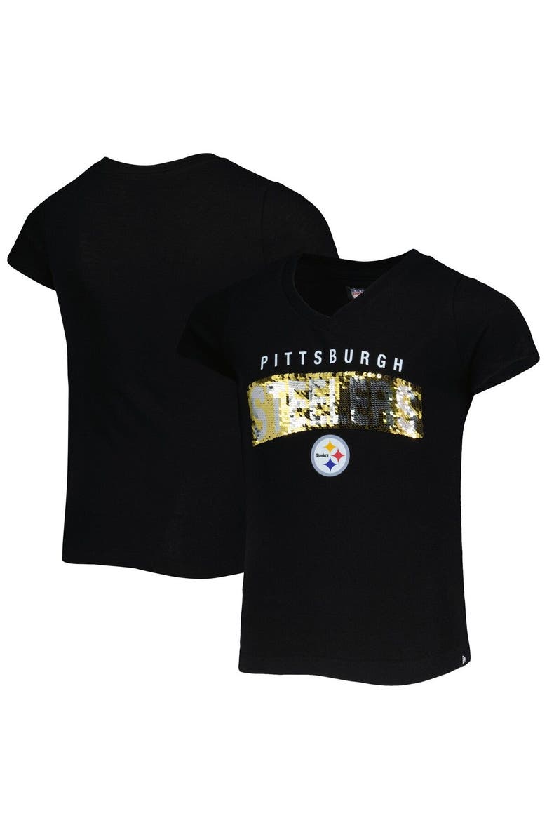 New Era Girls Youth New Era Black Pittsburgh Steelers Reverse Sequin Wordmark V-Neck T-Shirt, Alternate, color, 